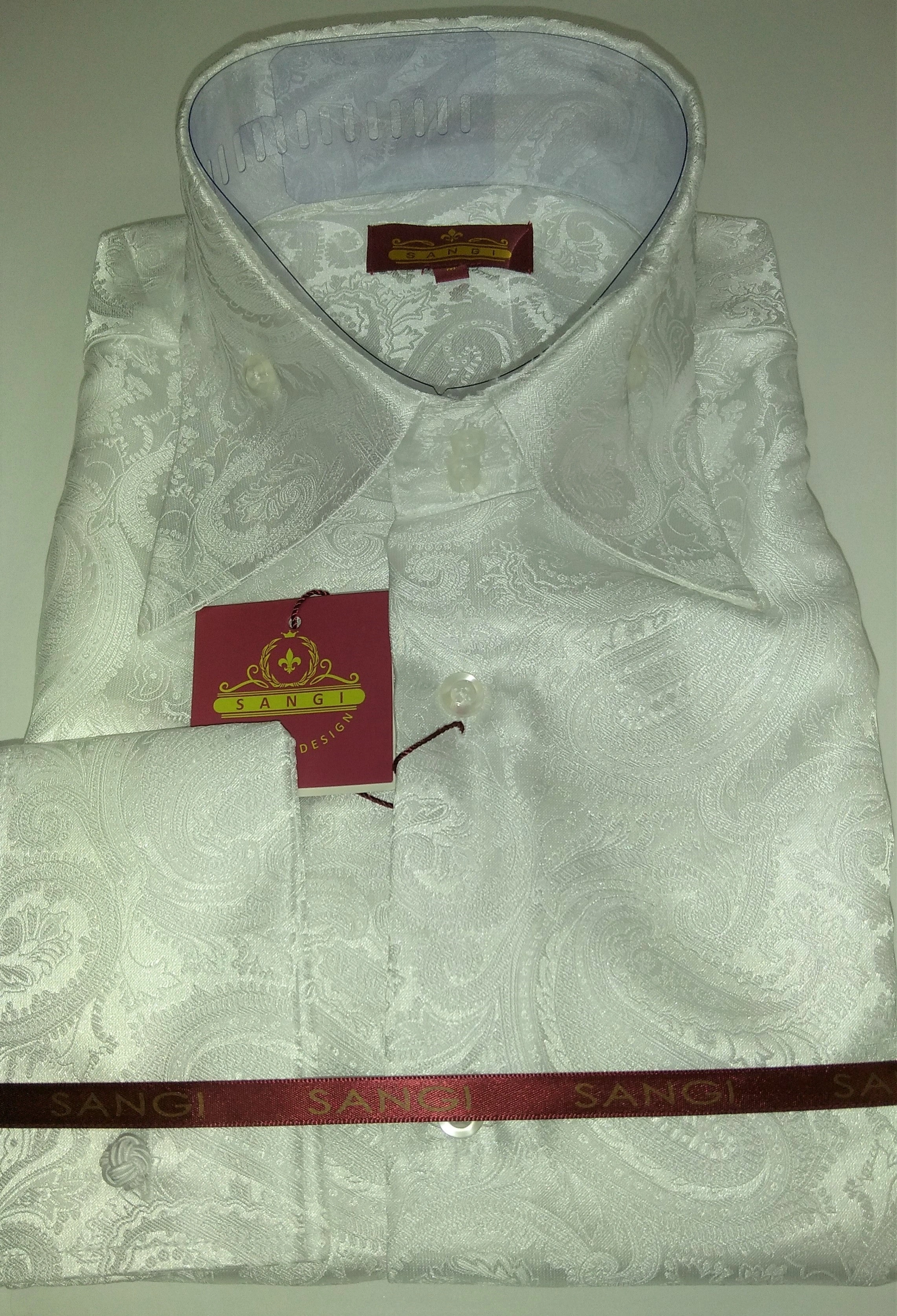 SANGI MILAN: White Paisley Flash! High Collar Mens Shirt – Get Noticed. Style Icon.