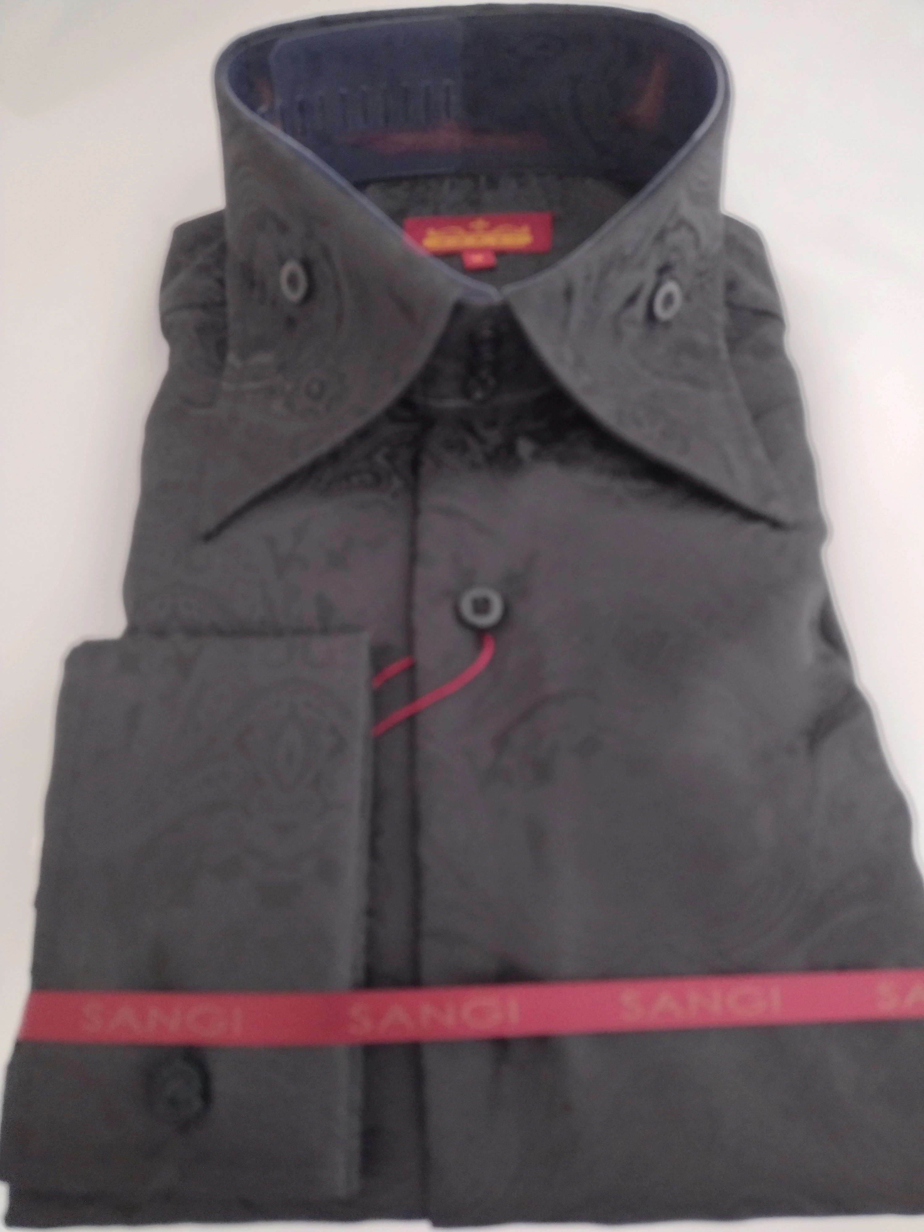 SANGI MONACO: Black Intricate High Collar Shirt - French Cuff. Elevate Your Style.