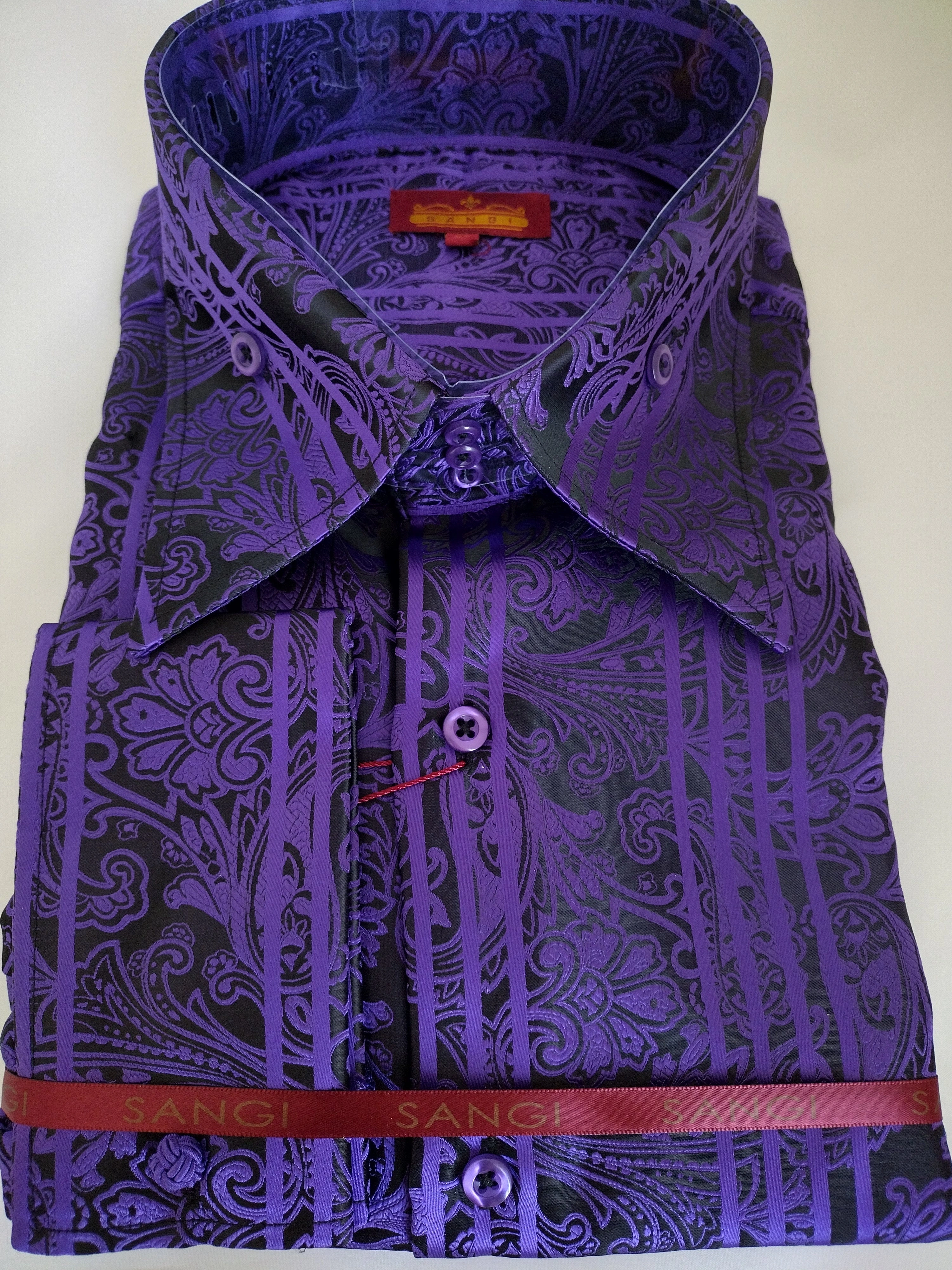 SANGI MONACO: Black & Purple Paisley Powerhouse Shirt. French Cuff. Bold Style.