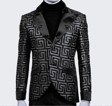 Dazzling Black & Silver Greek Key Jacket: Own the Night! Sophisticated & Bold Look! LOUIS VINO LVB13