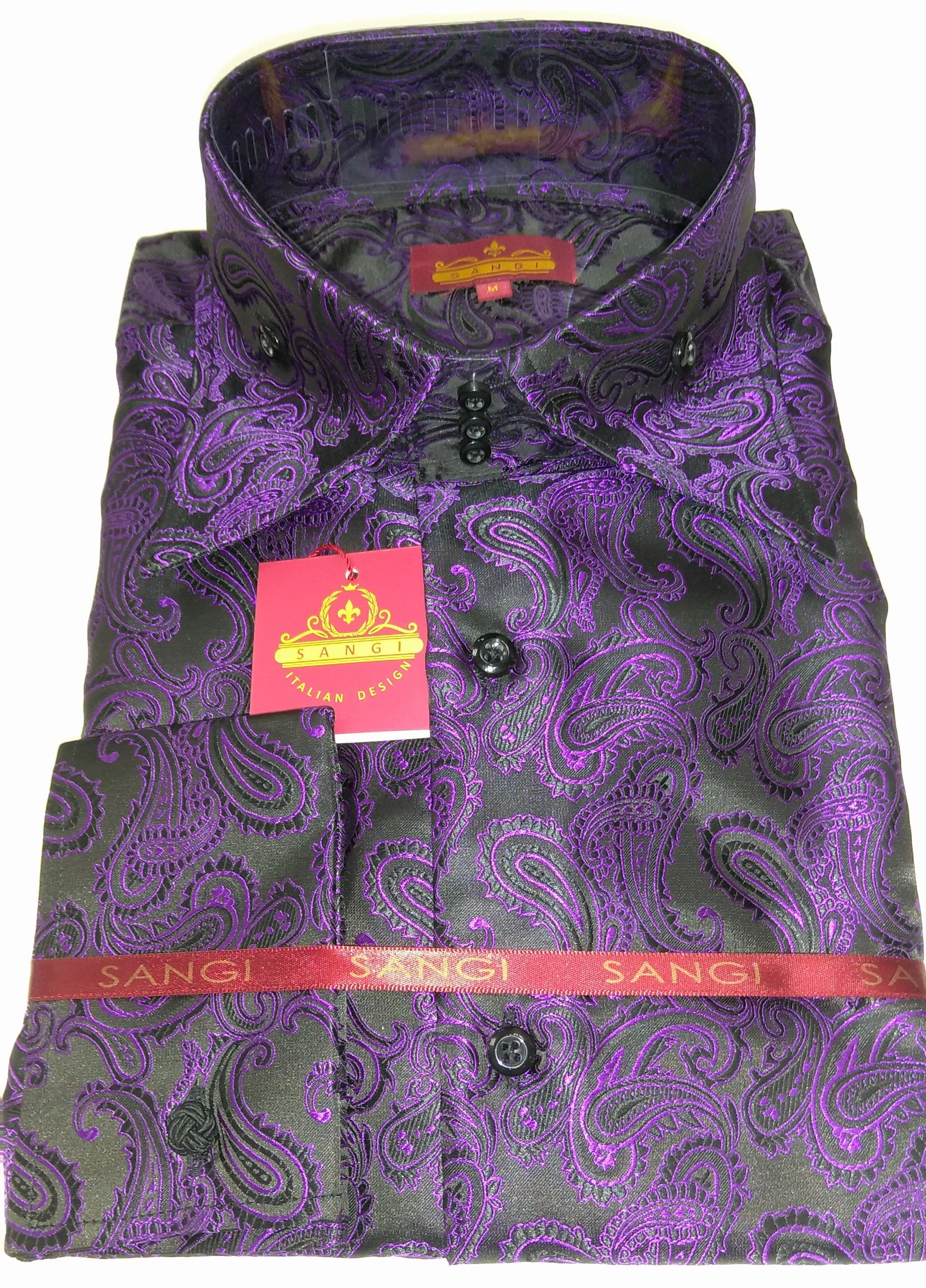 SANGI MILAN Paisley Power: Black & Purple French Cuff Shirt. Own the Night. #2042